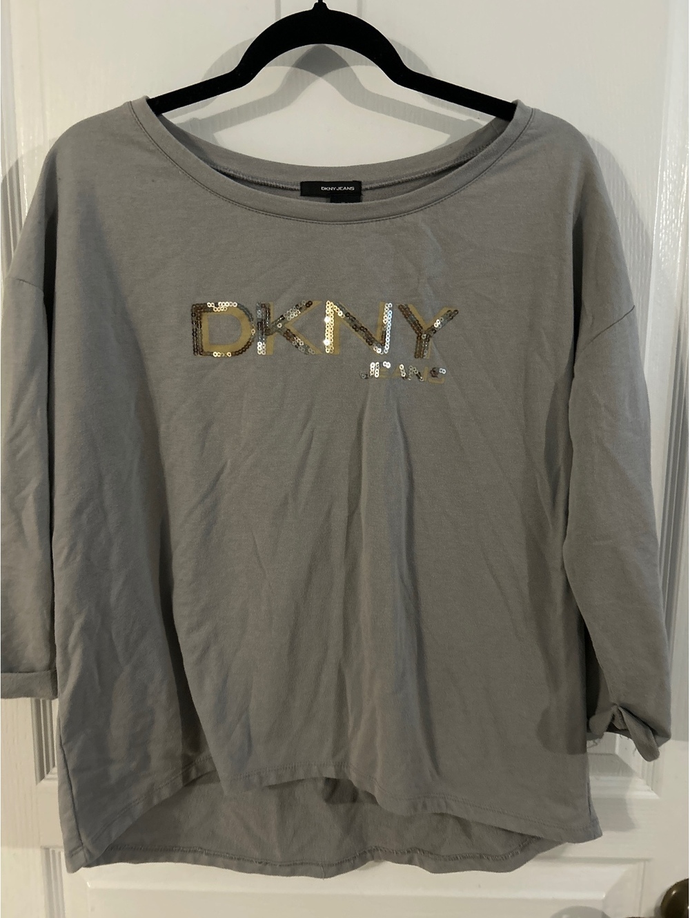 DKNY Jeans Women's Gray Long Sleeve Shirt with Gold Sequin Logo Size L